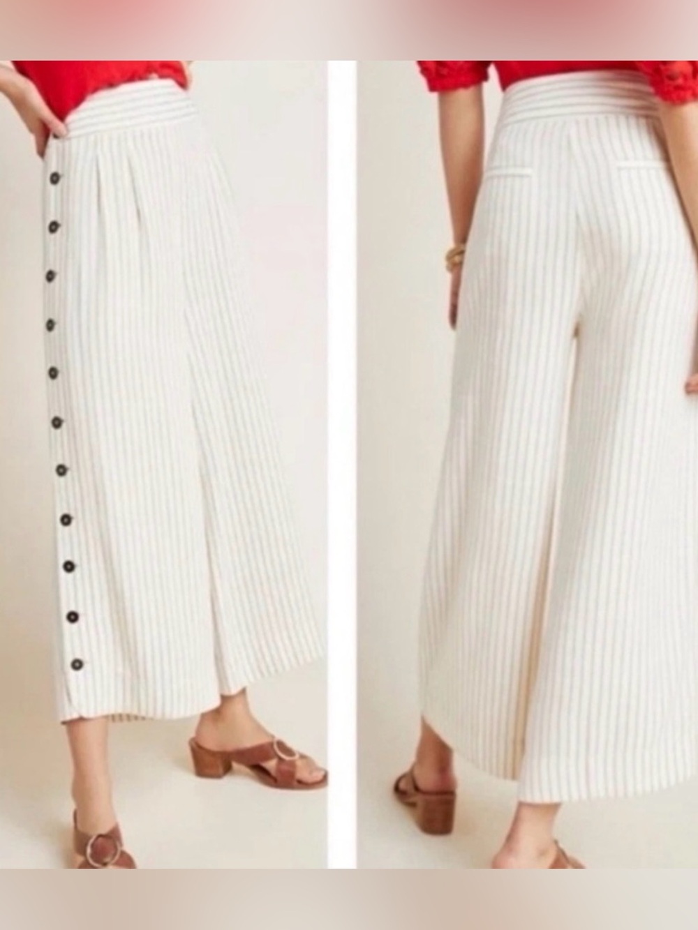 Anthropologie Cream and Tan Striped Wide-Leg Pants